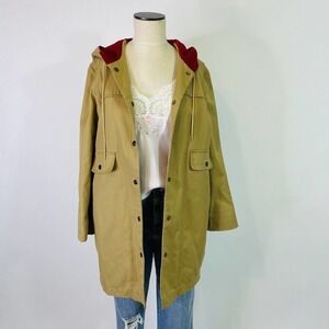 Vintage Tan Parka Utility Jacket Coat Medium Womens Red Fleece Lined Hooded
